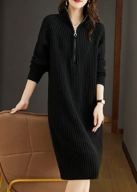 Women's High-Fashion Attire Winter Warm - Up Sale Women Black Zippered Patchwork Woolen Knit Dress Fall