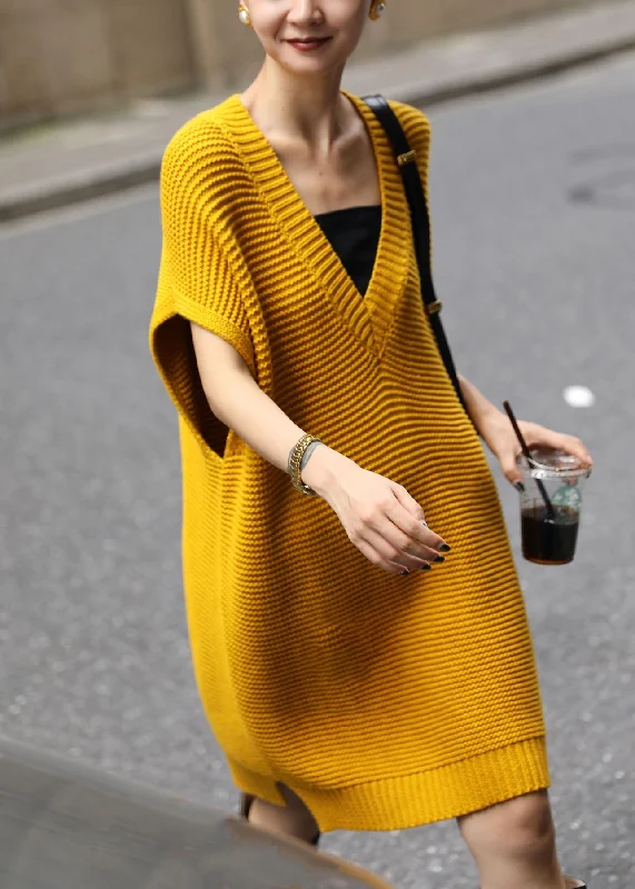 Women's Elegant Evening Attire Save On Inspired Styles Loose Yellow V Neck Side Open Knit Waistcoat Dress Fall