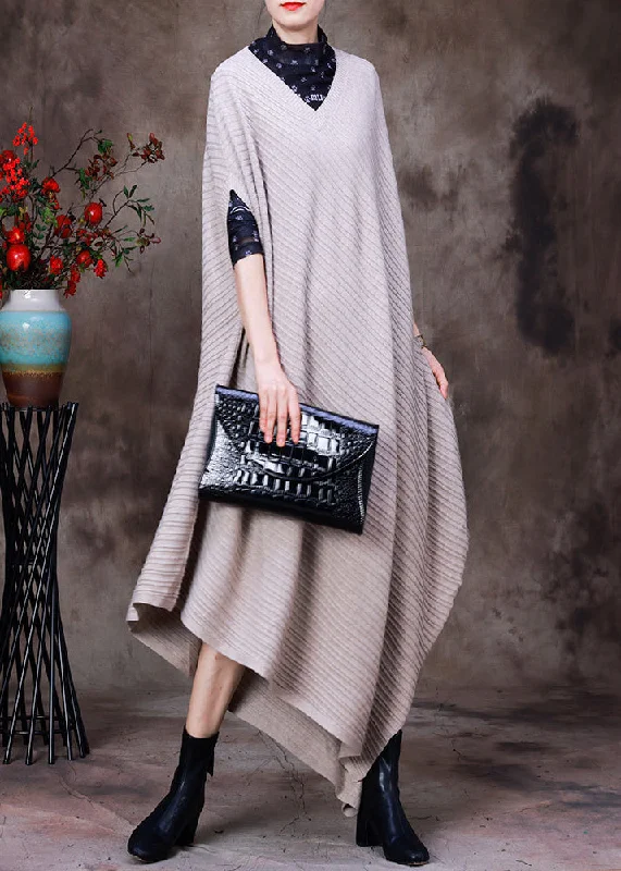 Charming Women's Holiday Apparel Comfort Meets Fashion Vintage Beige V Neck Asymmetrical Woolen Knit Long Sweater Fall