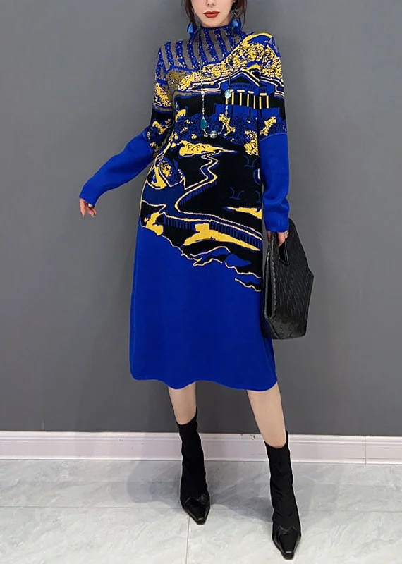 Timeless Women's Clothes Evening Elegance Fine Blue Hign Neck Print Knit Long Dresses Winter