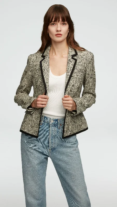 Women's High-Fashion Clothes Holiday Attire Sale Piped Blazer in Spring Tweed | Ivory/Black Multi