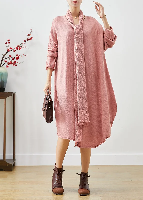 Women's Party Outfit Minimalist Chic Beautiful Pink Oversized Complimentary Scarf Knit Dress Batwing Sleeve