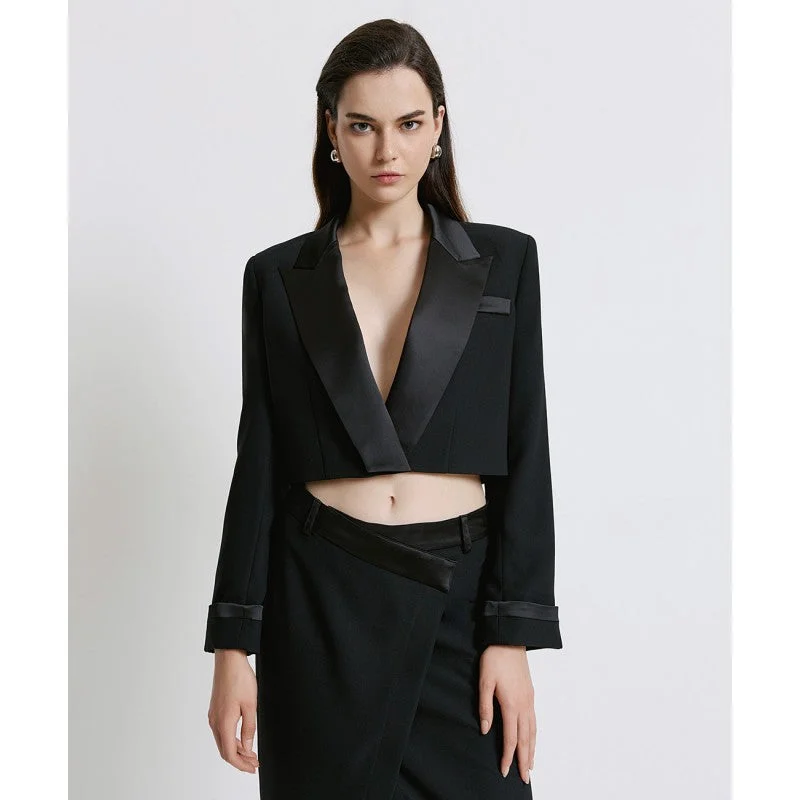 Women's Charming Outfit For Events Save Big Access Fashion Black Cropped Blazer With Satin Details