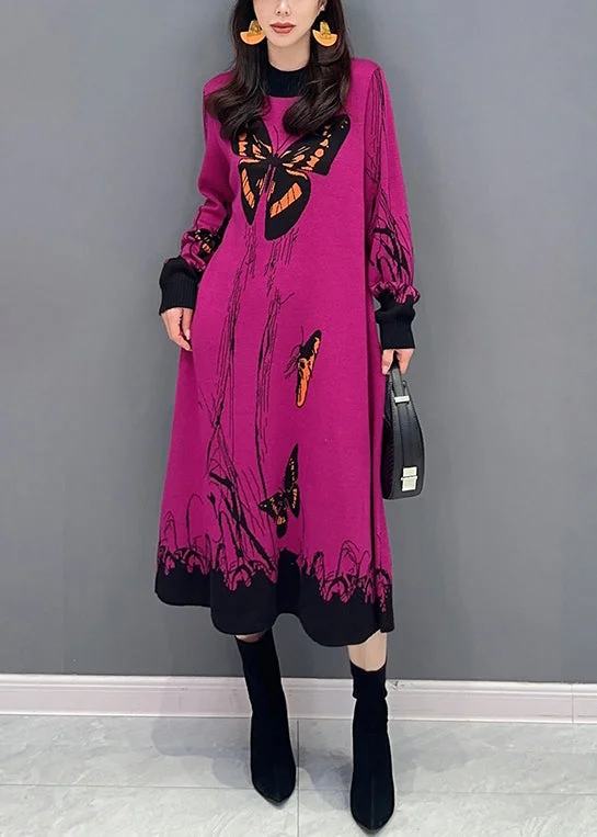 Women's Formal Event Clothing Casual Chic Loose Rose O-Neck Print Patchwork Knit Dresses Long Sleeve