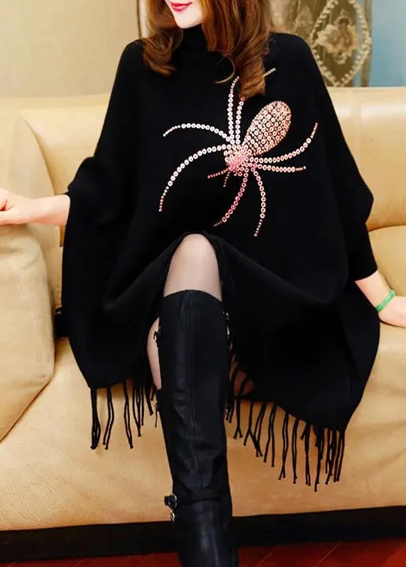 Women's Holiday Clothing Evening Looks Fine Black Turtleneck Tassel Long Knit Sweater Dress Winter