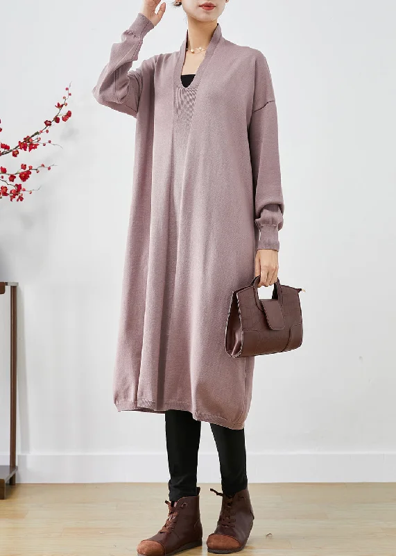 Timeless Women's Outfit Classic Timeless Elegant Style DIY Light Purple V Neck Knit Long Dresses Fall