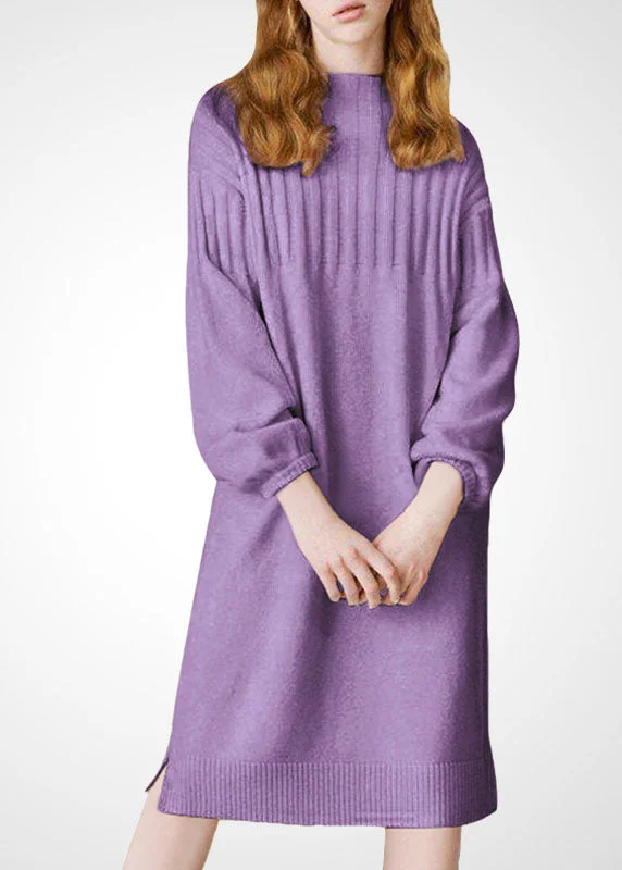 Vintage Clothing For Women Colorful Clothing Plus Size Purple Stand Collar Thick Wool Long Knit Dress Winter