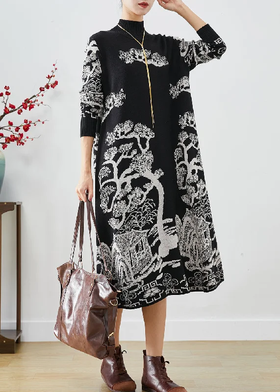 Women's Night-Out Outfit Feminine Grace Chic Black High Neck Print Knit Sweater Dress Fall