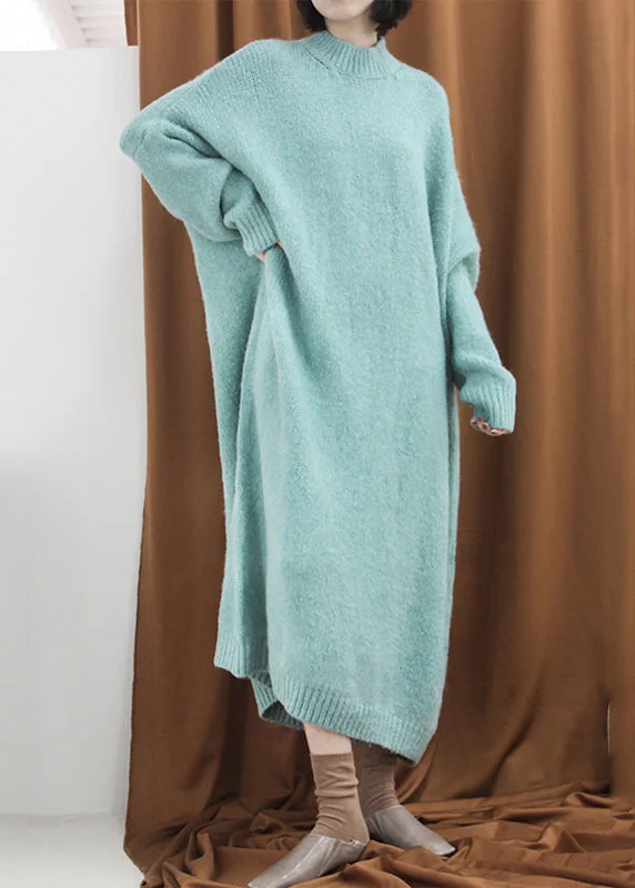 Women's Formal Event Attire Save On Classic Elegant Styles Loose Blue Green Turtleneck Cozy Cotton Knit Long Dress Fall