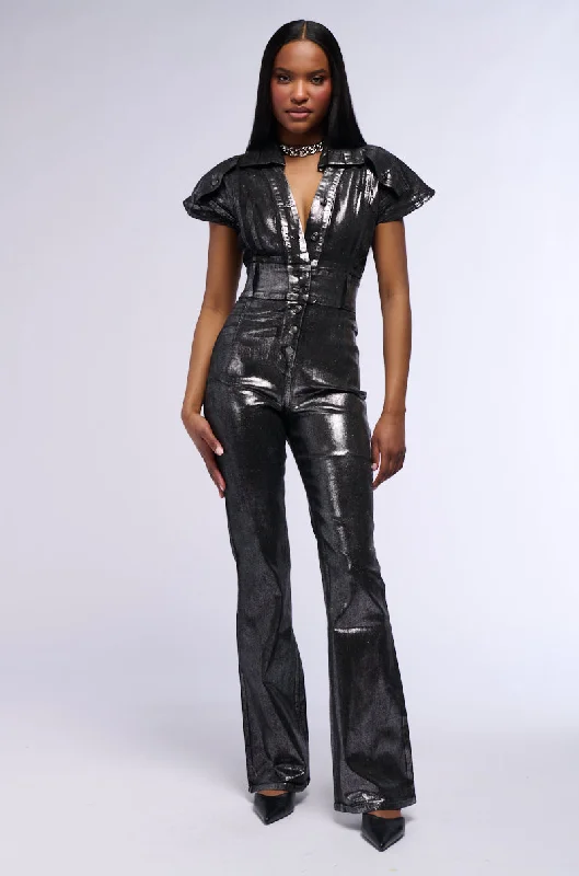 Vintage-Inspired Women's Apparel Bold Silhouette SHE'S ALL THAT METALLIC JUMPSUIT