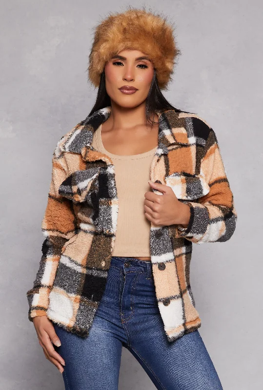 Women's Plus-Size Apparel Parisian Effortless Chic Style Plaid Sherpa Button Front Shacket