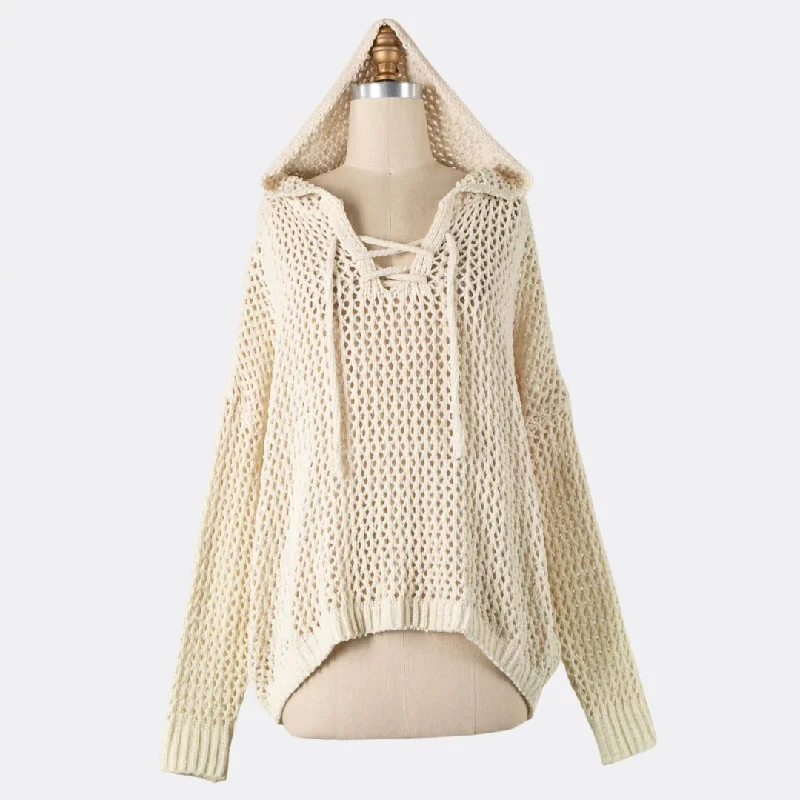 Women's Chic Outerwear Attire Refined Simplicity Lace Up Open Cable Knit Chenille Hoodie Sweater (Beige)