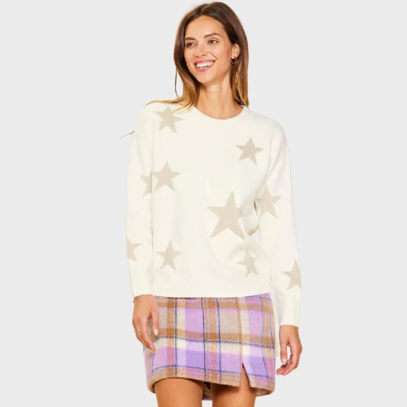 Women's Layered Outfit Elegant Clothing Lurex Star Print Sweater (Ivory)