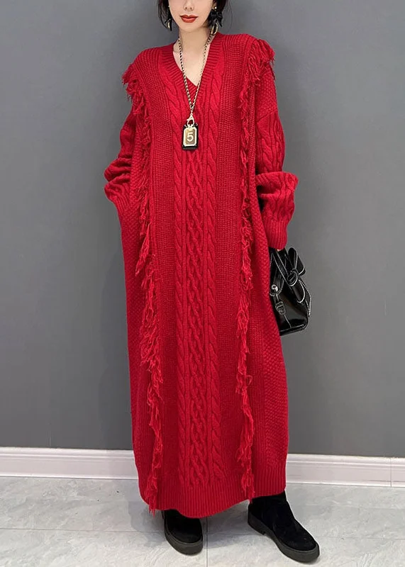 Women's Clothing Sets Clearance Event Chic Red V Neck Tassel long Knit Dress Winter