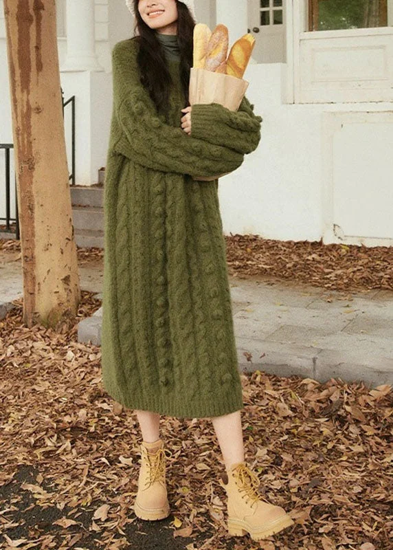 Modern Women's Attire Last Chance Sale Handmade Green O-Neck Side Open Cozy Cotton Knit Cable Sweater Dress Long Sleeve