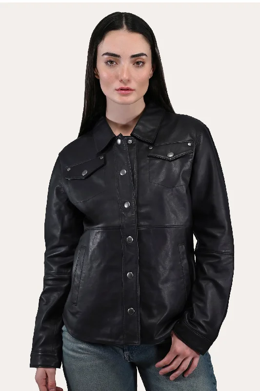 Women's Activewear Apparel Elegant Contour Frye Black Leather Shirt