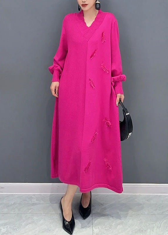 Plus-Size Women's Garments Chic Style Plus Size Pink V Neck Knit Long Dress Long Sleeve