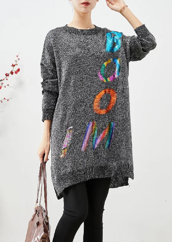 Comfortable Outfit For Women Soft Textures Italian Grey Oversized Letter Print Knit Sweater Dress Fall