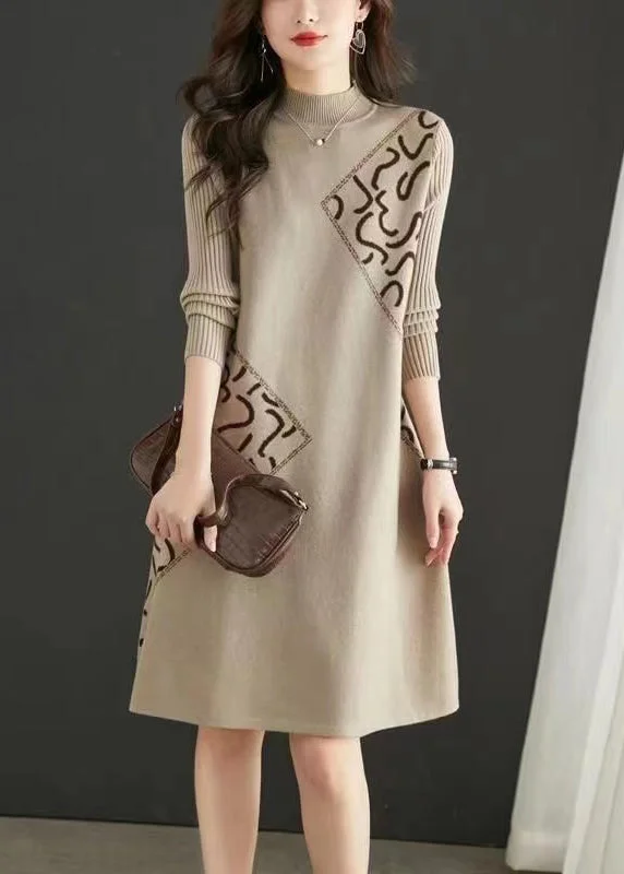 Casual Garments For Women Exclusive Discount Fitted Beige Stand Collar Zircon Patchwork Knit Dress Fall