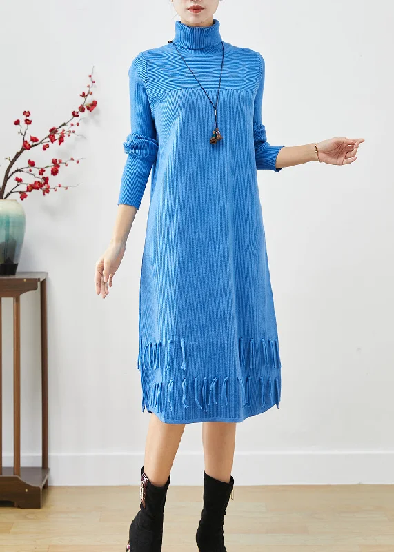 Women's Festive Attire Beat The Heat In Tropical Styles Women Blue Tasseled Patchwork Knit Long Dress Fall