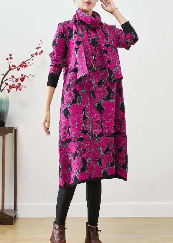 Timeless Women's Clothing Contemporary Chic Purple Print Silm Fit Knit Robe Dresses Give Scarf Fall