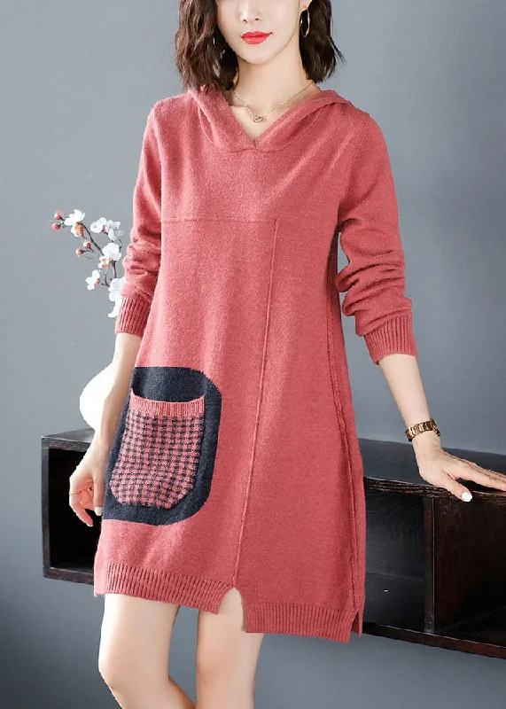 Women's Clothes And Apparel Sets Chic Wardrobe Essentials Casual Red Patchwork Knitted Cotton Thread Hooded Sweater Dress Fall