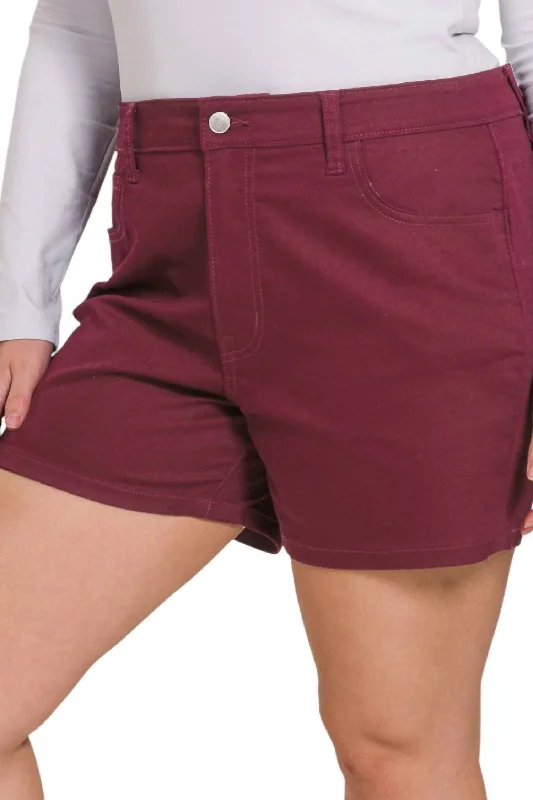 Fashion-Forward Women's Clothing Best Seller Colored Stretch Denim Shorts In Burgandy