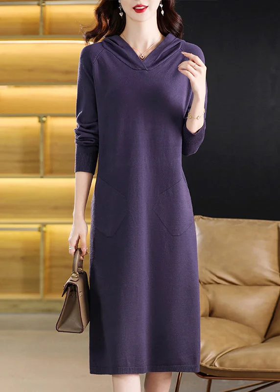 Women's Office Attire Now On Sale For Chic Urban Styles Simple Purple Hooded Pockets Patchwork Knit Dresses Fall