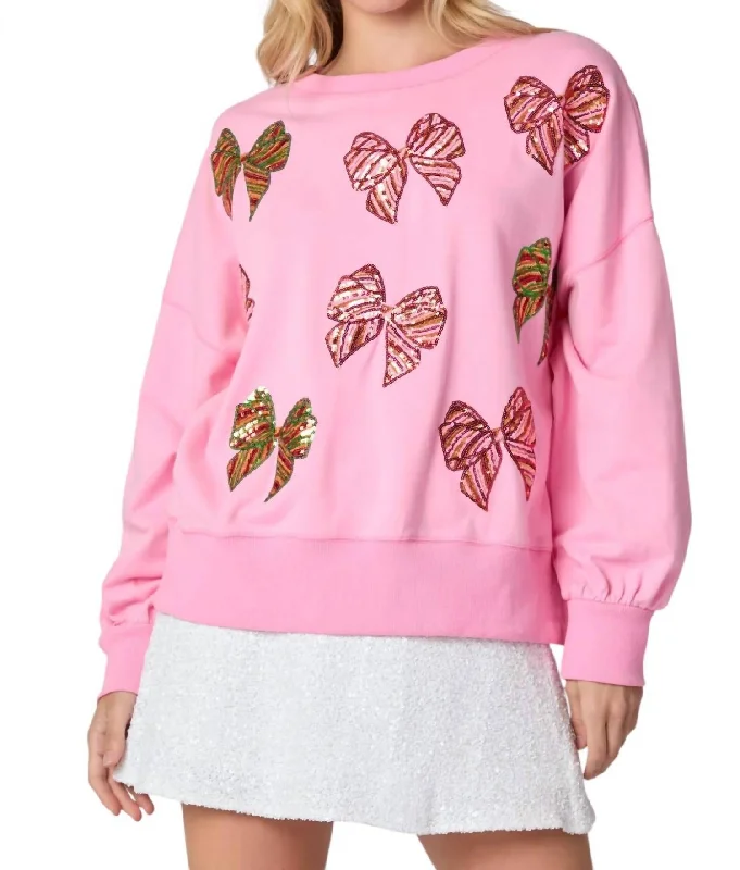 Women's Attire Trendy Women's Collection Multi Colored Bow Sweatshirt In Candy Pink