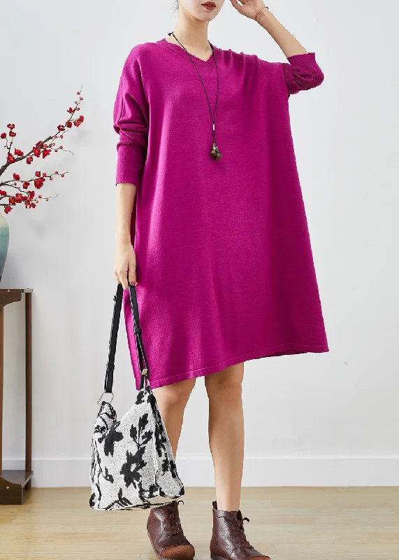 Women's Comfy Loungewear Outfit Chic Allure Boutique Purple V Neck Oversized Knit Dress Batwing Sleeve