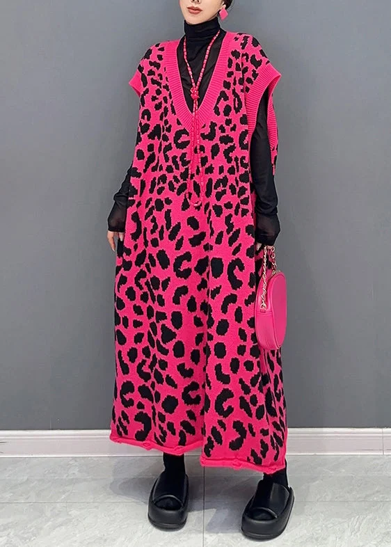 Chic Women's Garments Trendy Styles Plus Size Rose Leopard V Neck Cotton Knit Waistcoat Long Dresses Sleeveless