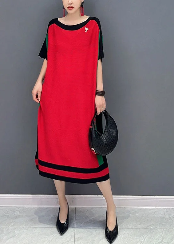 Women's Holiday Attire Anniversary Sale Loose Red O-Neck Knit Sweater Dresses Short Sleeve