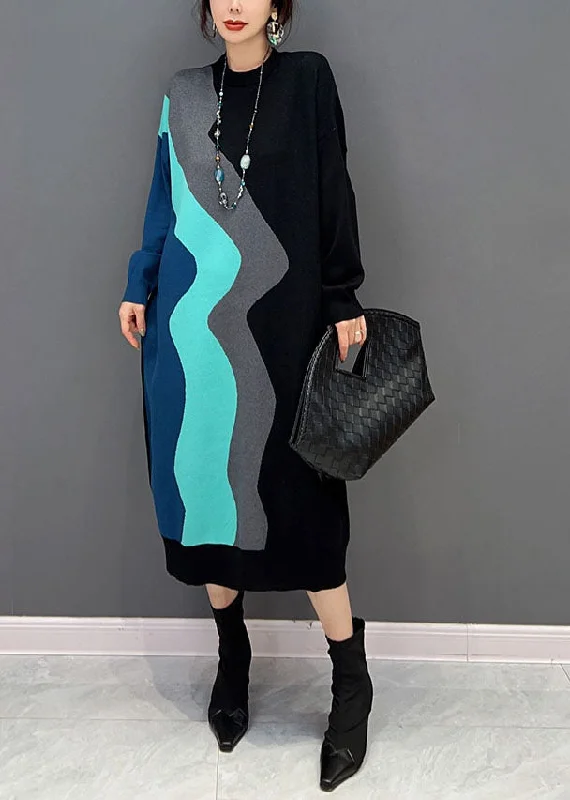 Women's Clothes For Work Events Elevate Your Wardrobe Modern Black O Neck Patchwork Knit Dresses Spring