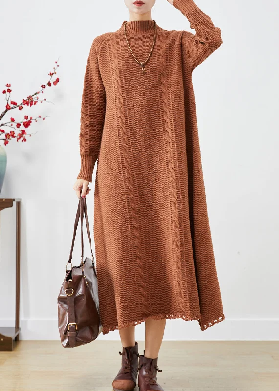 Women's Formal Event Outfit Charming Silhouette French Khaki High Neck Cable Knit Sweater Dress Winter