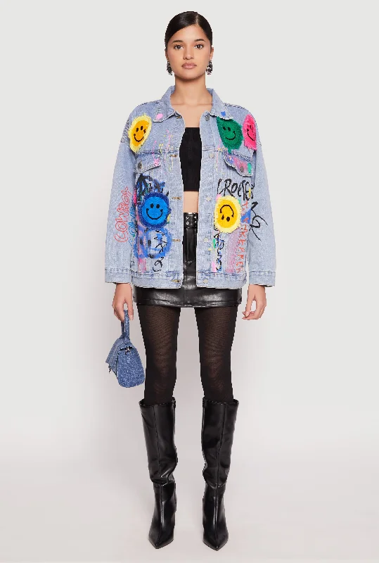 Women's Casual Apparel Minimalist Office - Ready Style Daisy Smiley Face Patch Graffiti Denim Jacket