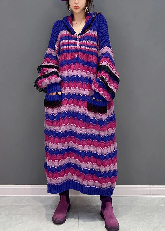 Women's Casual Wear Clothes Chic Styles Loose Purple Zippered Striped Hooded Knit Maxi Sweater Dress Winter