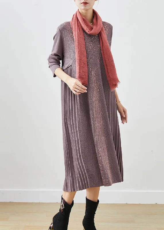 Casual Attire For Women Final Clearance French Purple Grey Jacquard Knit Maxi Pleated Dresses Fall