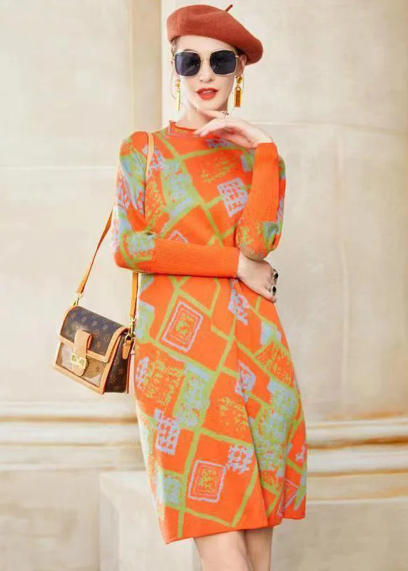 Women's Vacation Outfit Luxury Comfort Modern Orange Stand Collar Jacquard Patchwork Woolen Dress Winter