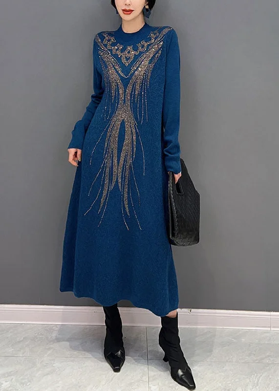 Women's Fashion Clothes Casual Chic Brief Navy O Neck Zircon Exra Large Hem Knit Long Dress Winter