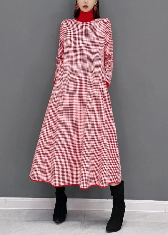 Women's Resort Garments Chic Outfits Italian Red Plaid Hign Neck Patchwork Knit Long Dresses Fall