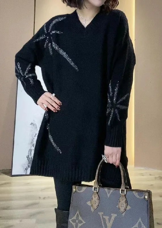 Women's Sporty Chic Clothes Fashion Essentials Women Black V Neck Sequins Oversized Long Knit Dress Winter