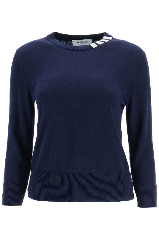 Plus-Size Women's Garments End-Of-Season Clearance Thom e Women's blue Cotton Sweatshirt With 4 Stripes Crew Neck