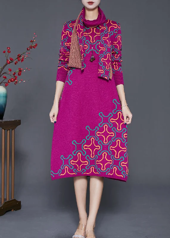 Chic Women's Attire Buy More, Save More Elegant Rose Print Complimentary Scarf Knit Long Knit Dress Fall