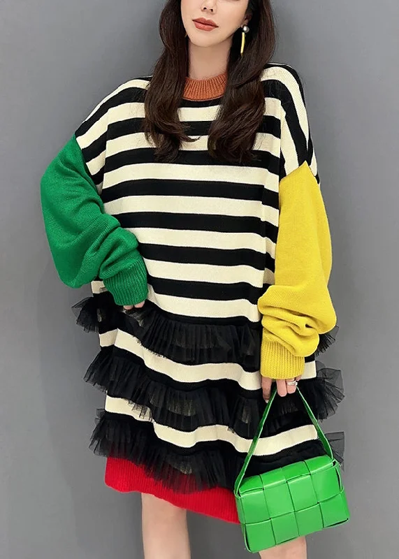 Women's Seasonal Attire Discounts On Casual Weekend Styles Chic Striped O Neck Tulle Patchwork Cotton Knit Mid Dress Fall