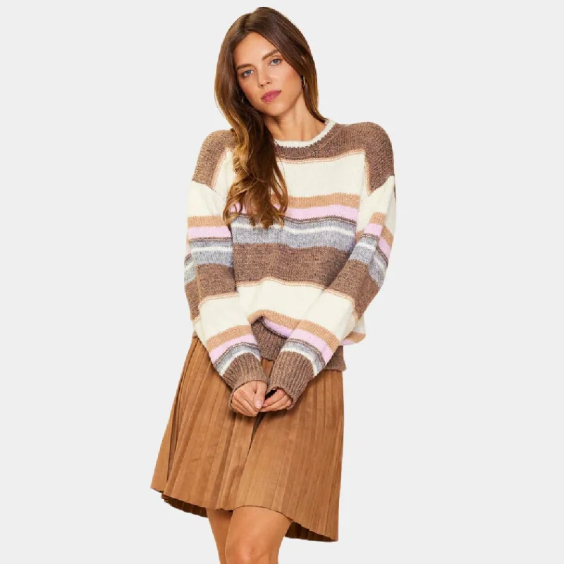 Women's Elegant Outfit Vibrant Femme Fashion Striped Long Sleeve Sweater (Taupe + Blush)