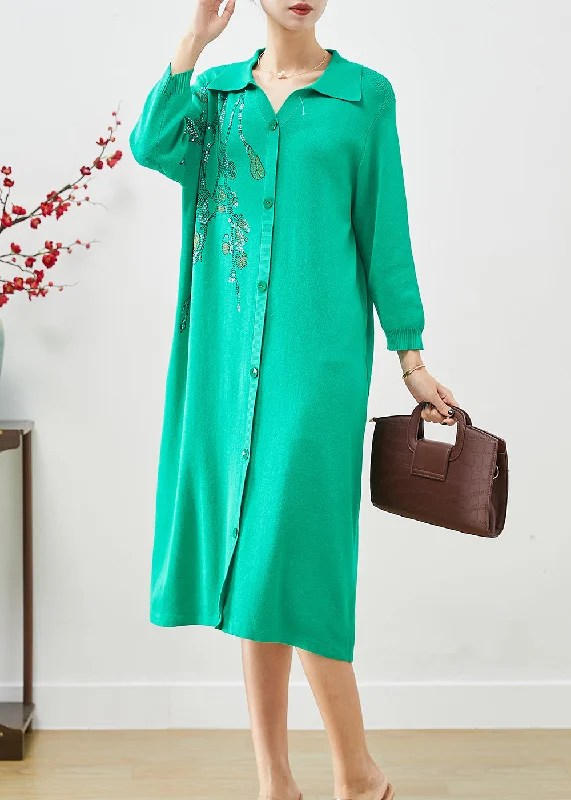 Women's High-End Clothing Graceful Cut DIY Green Oversized Hot Fixrhinestone Knit Mid Dress Fall