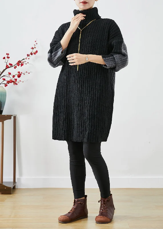 Women's Vacation Outfit Set Elevated Style Italian Black Grey Turtle Neck Patchwork Knit Wear On Both Sides Sweater Dress Winter