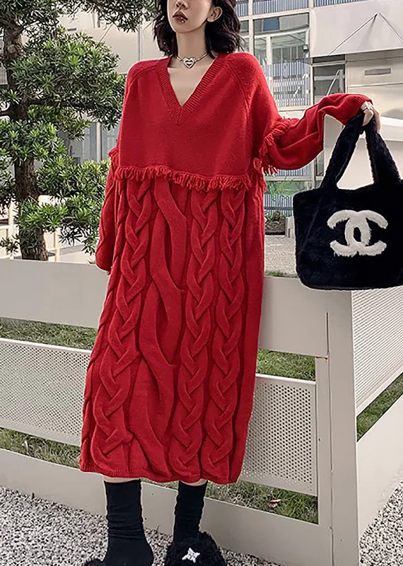 Women's Date Night Outfit Fashion-Forward Style Style Red V Neck Tasseled Patchwork Cable Knit Sweaters Dresses Fall