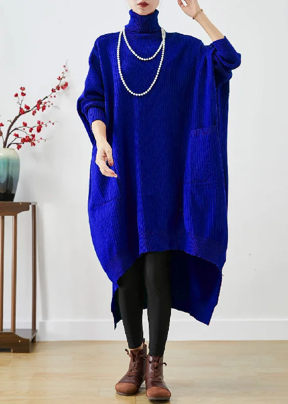 Tailored Clothing For Women Effortless Grace Blue Oversized Knit Sweater Dress Turtle Neck Asymmetrical Batwing Sleeve