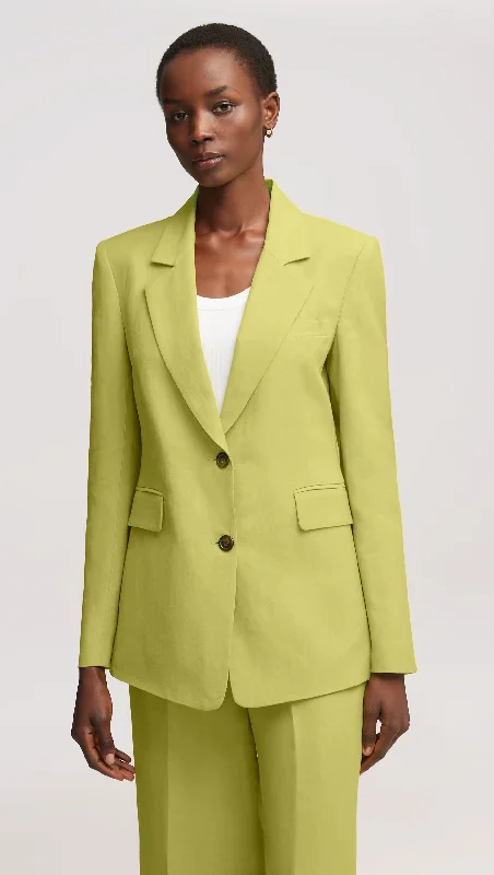 Timeless Women's Outfit Bold Patterns Two-Button Blazer in Viscose Linen Twill | Avocado